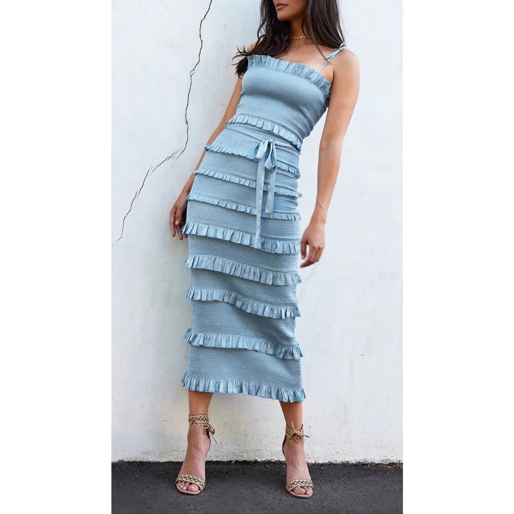 V Chapman Lily Maxi Dress Blue Polyester Smocked Ruffle Sleeveless Size 0 Midi